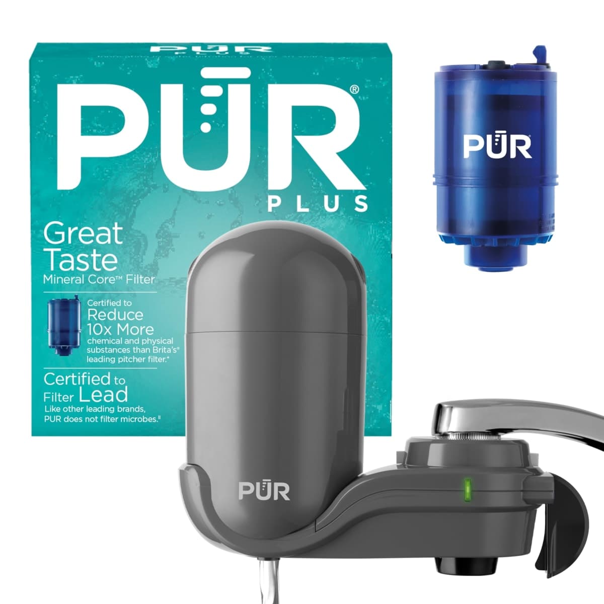 PUR Plus Vertical Faucet Mount Water Filtration System, Lead-Reducing Filter, Great-Tasting Water, Easy Install, Lasts 100 Gallons, Compatible with Sinks with External Aerators, Grey