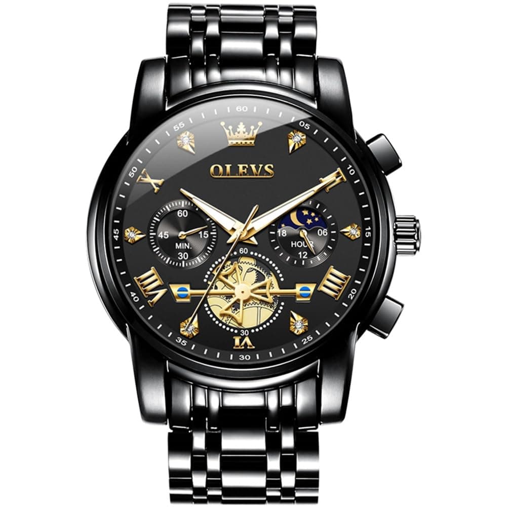OLEVS Mens Watches Chronograph Black Dial Gold Stainless Steel Waterproof Date Analog Quartz Watch