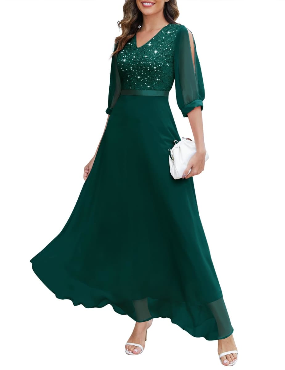 Wedtrend Women's Bridesmaid Dresses, 3/4 Sleeve Floral Lace Chiffon Wedding Dress WT0317DarkGreen2XL