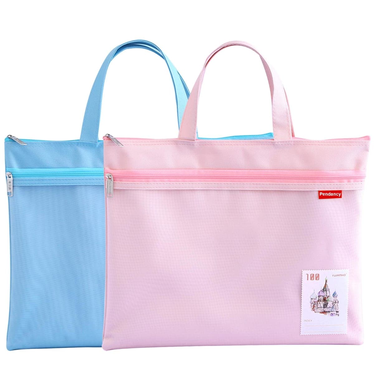 Pendancy 2 Pack A4 Document Bags, Mesh Zipper Pouches, Blue/Pink