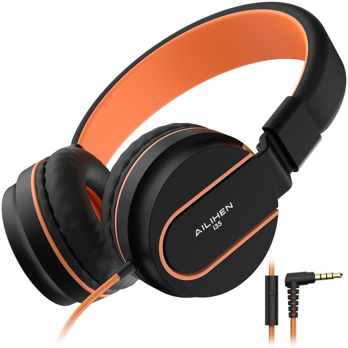 AILIHEN I35 Kid Headphones with Microphone Volume Limited 93dB Children Girls Boys Teen Lightweight Foldable Wired Headset for School Online Course Chromebook Cellphones Tablets (Black Orange)