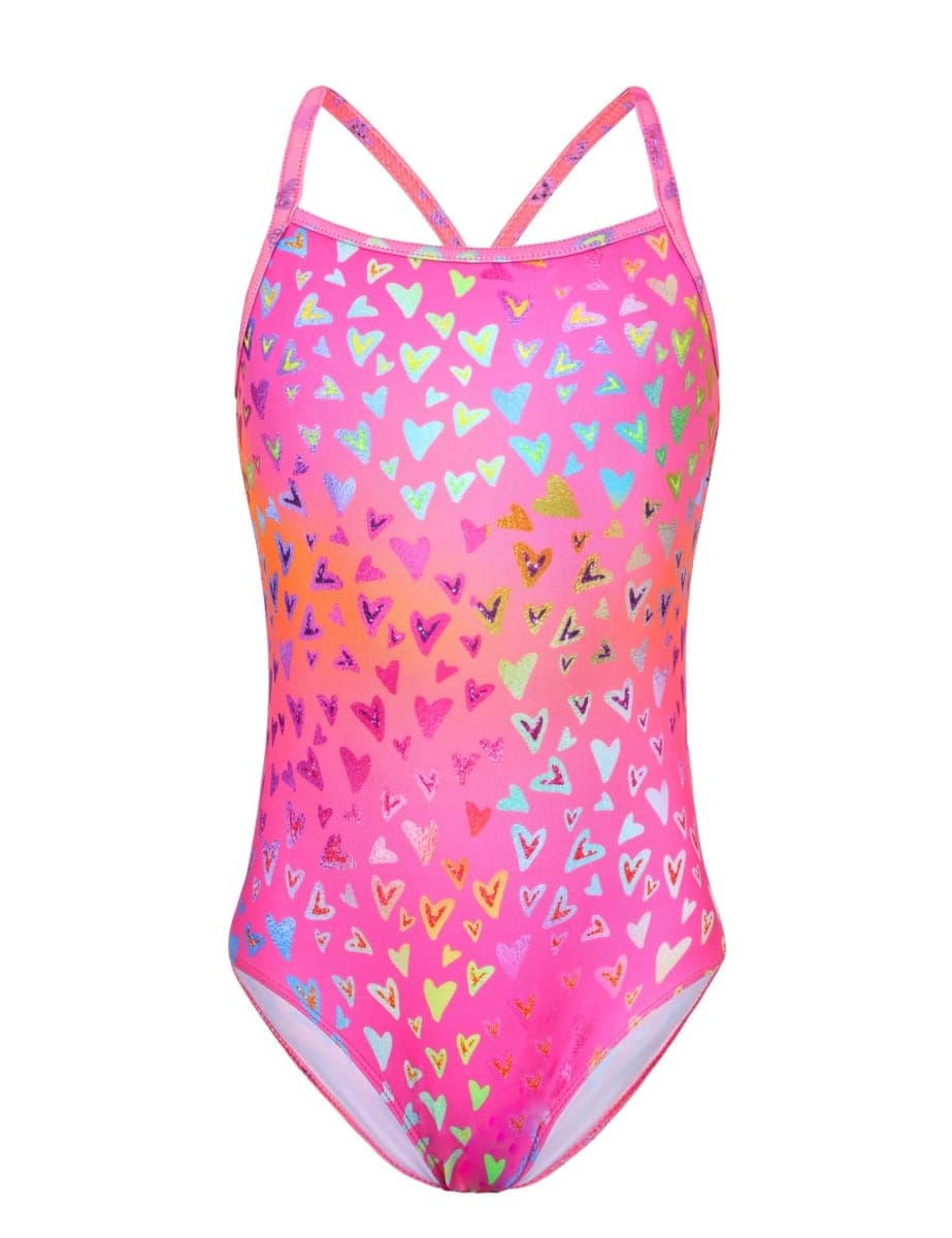 Snowheart Girls Swimsuit One Piece Sleeveless Bathing Suits Summer Beach Swimwear for 2-12 Years Old, Pink Blue Scrawl, 7-8 Years