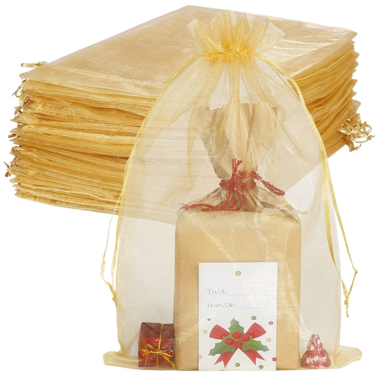 HRX Package 100pcs Large Organza Bags, 8x12 inch Gold Mesh Gift Drawstring Pouches Goodie Bags for Christmas Shower Party Favors Samples