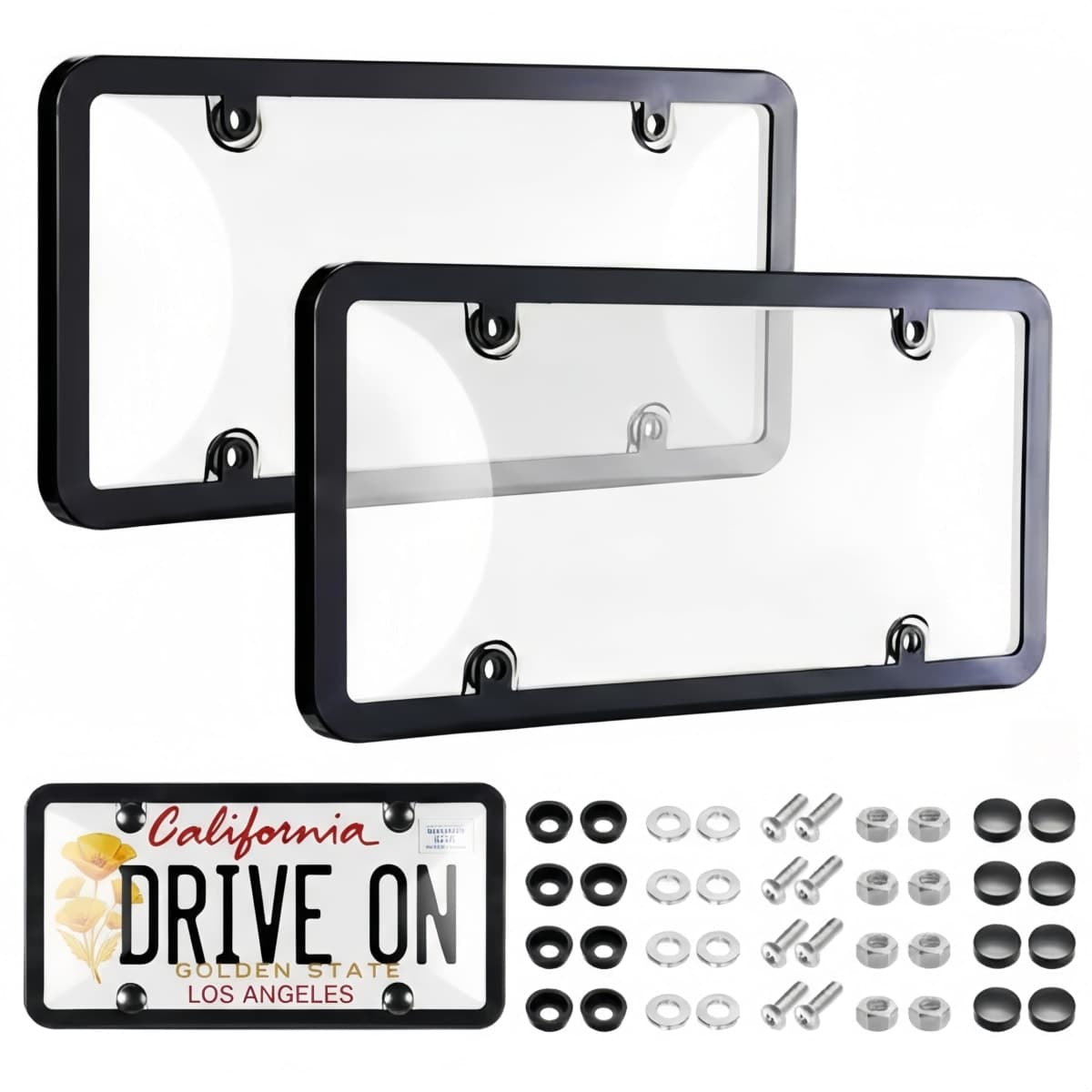 Uliche 2 Pack Universal Transparent Car License Plate Cover & Frames Combo Clear colorless License Plate Protector with Screws & Caps, Rust-Proof, Unbreakable for Most US Standard Cars
