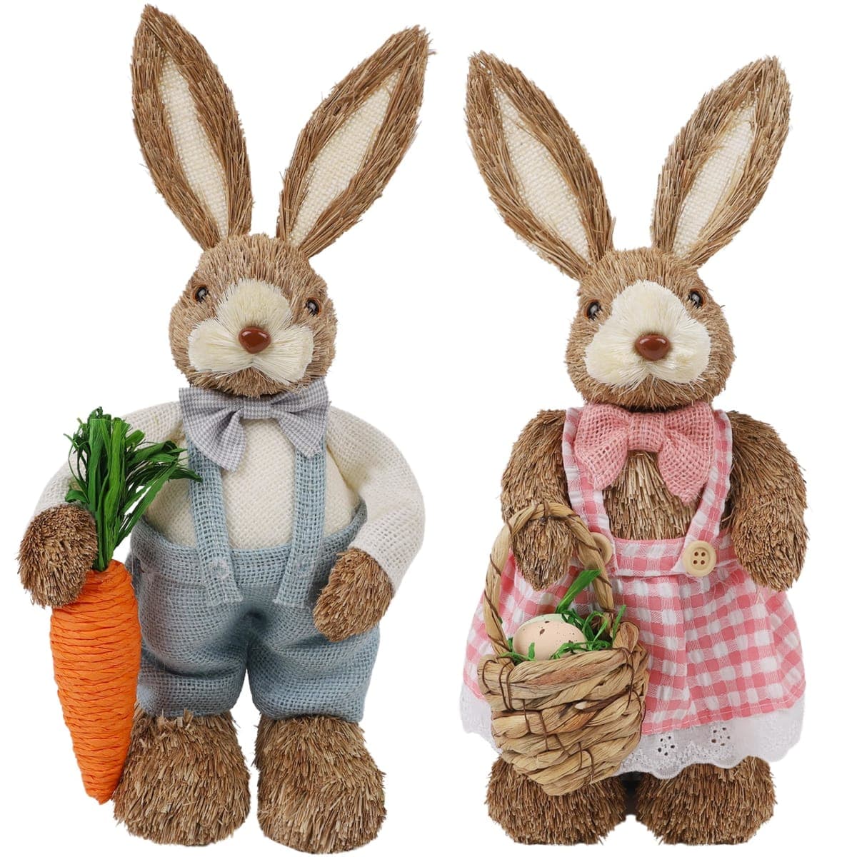 DR.DUDU Set of 2 Easter Decorations for Home- 14" Sisal Bunny Figurines with Carrot & Egg, Spring Straw Bunny Couple Farmhouse Centerpieces for Tables, Easter Rabbits Decor