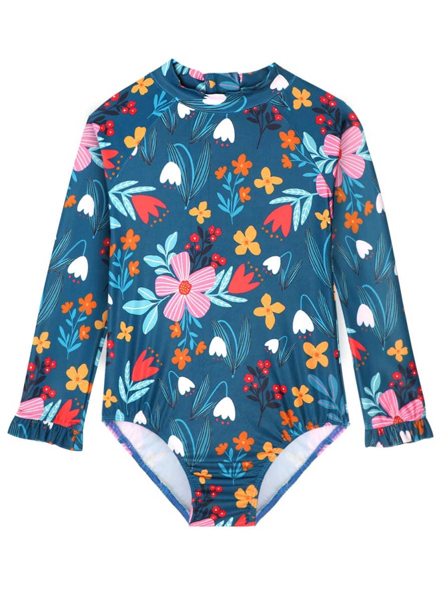 Alakuoti Long Sleeve One Piece Ruffle Swimsuit for Toddler Girls Baby Girl Rashguard Shirt with UPF 50+ Sun Protection, Green Flower, 4-5T