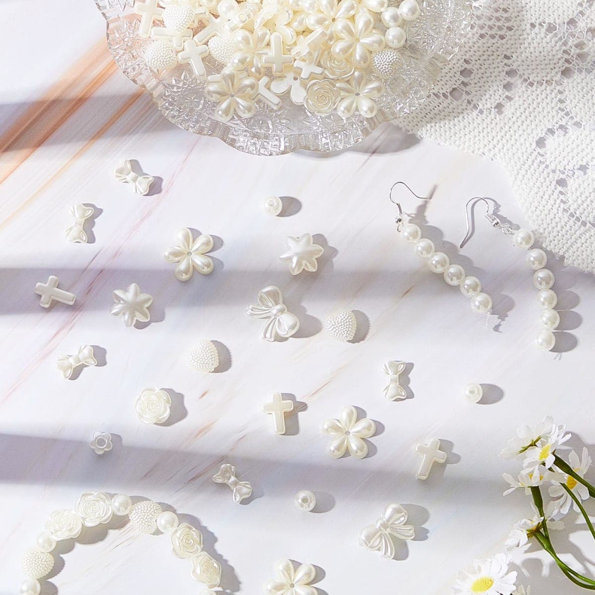 Juexica 500 Pcs ABS Imitation Pearl Beads Star Heart Bowknot Circle Flower Beads White Aesthetic Beads for Jewelry Making Bracelets Necklaces Earrings Key Chains Accessories DIY Crafts (Elegant Style)
