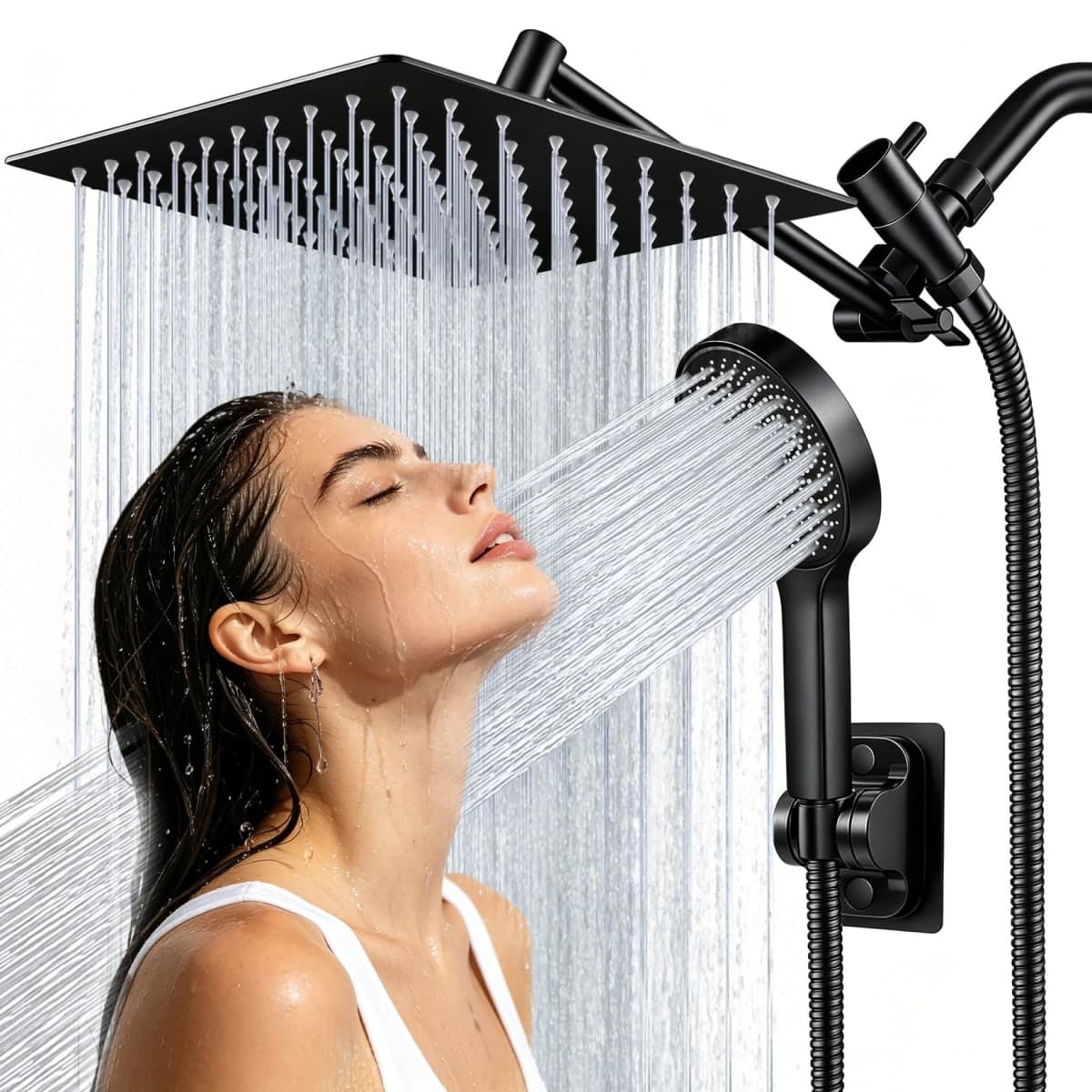 Shower Head, 8 inch Multifunction High Pressure Rain Shower Head with Handheld Spray Combo with 11'' Angle Adjustable Extension Arm/Flow Regulator/Shower System Matte Black