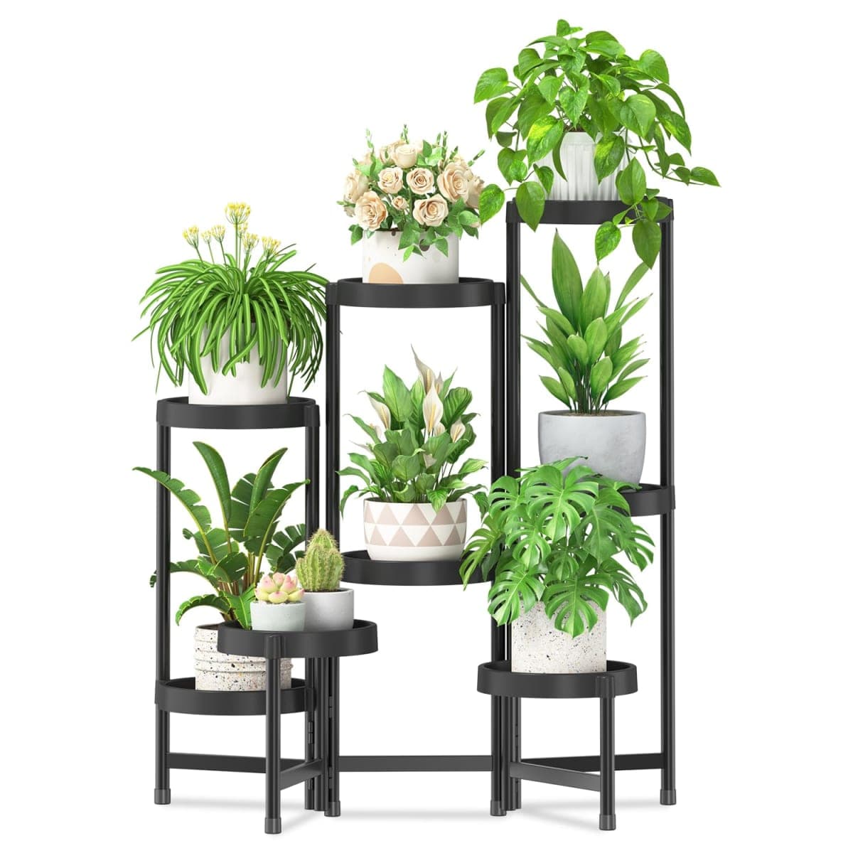 iDavosic.ly 8 Tier Folding Plant Stand Indoor Outdoor, Plastic Tray, Black