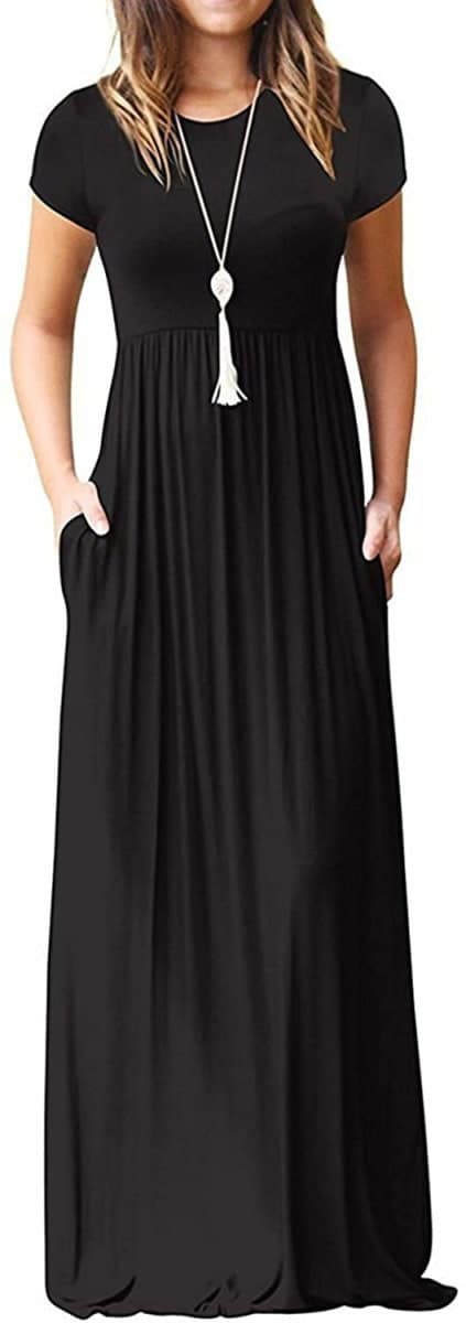 DEARCASE Maxi Dress for Women Black Large Maternity Crewneck Short Sleeves Wedding Guest A-line Casual Party Vintage Spring Summer Long Dresses with Pockets