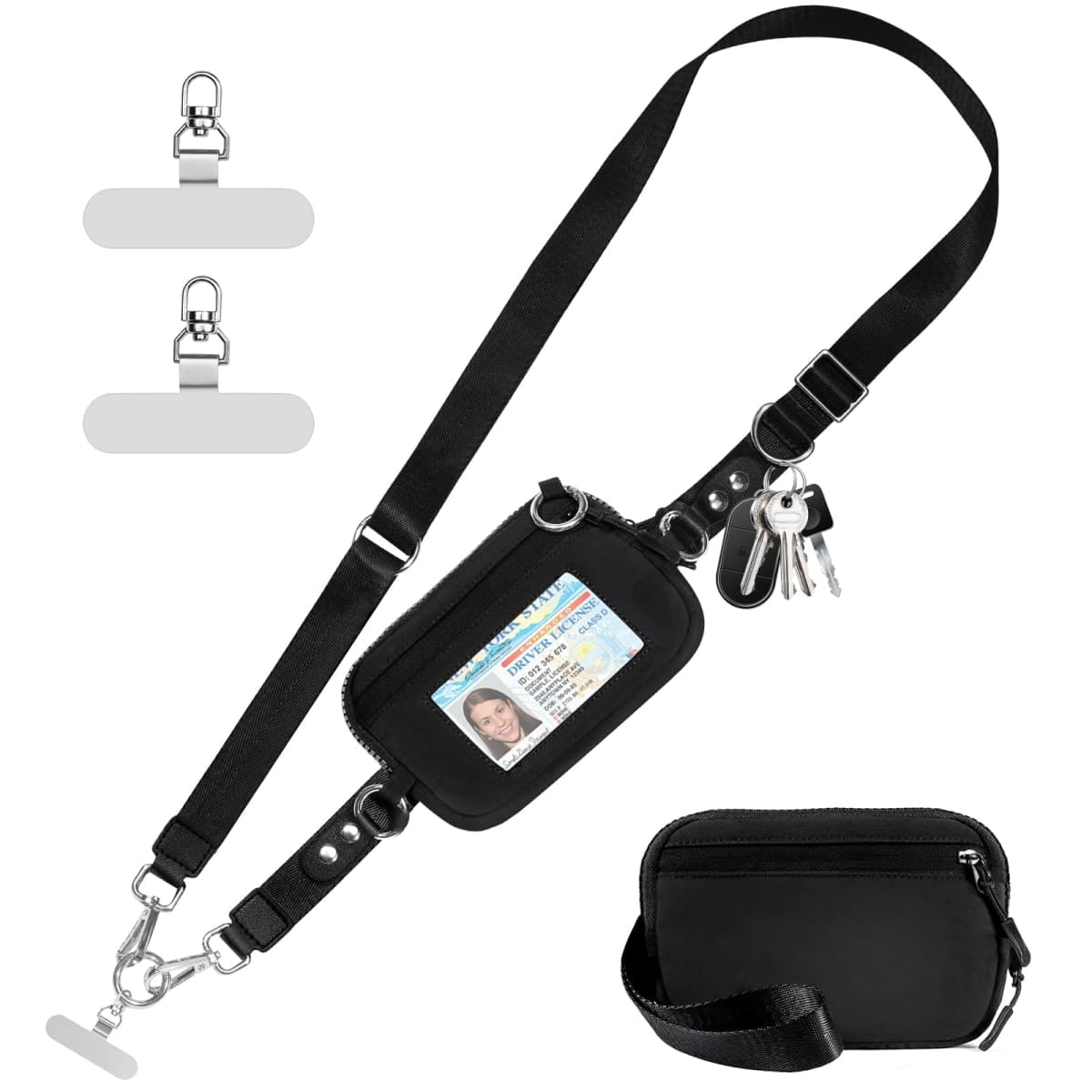 Tiostep Clip and Go Strap for Phone with Wallet Crossbody Phone Lanyard Adjustable and Detachable RFID Wristlet Wallet with ID Window and Zippered, Black