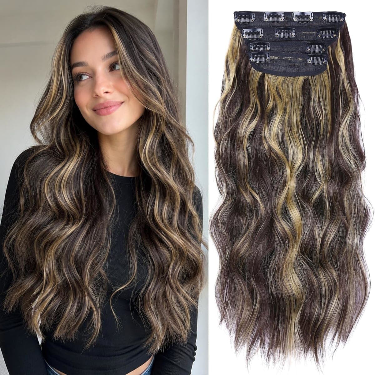 Clip in Hair Extensions, 20 Inches Wavy Synthetic Hair Extensions Clip ins, Long and Soft, for Women and Girls (Medium Brown Mixed Bleach Blonde)