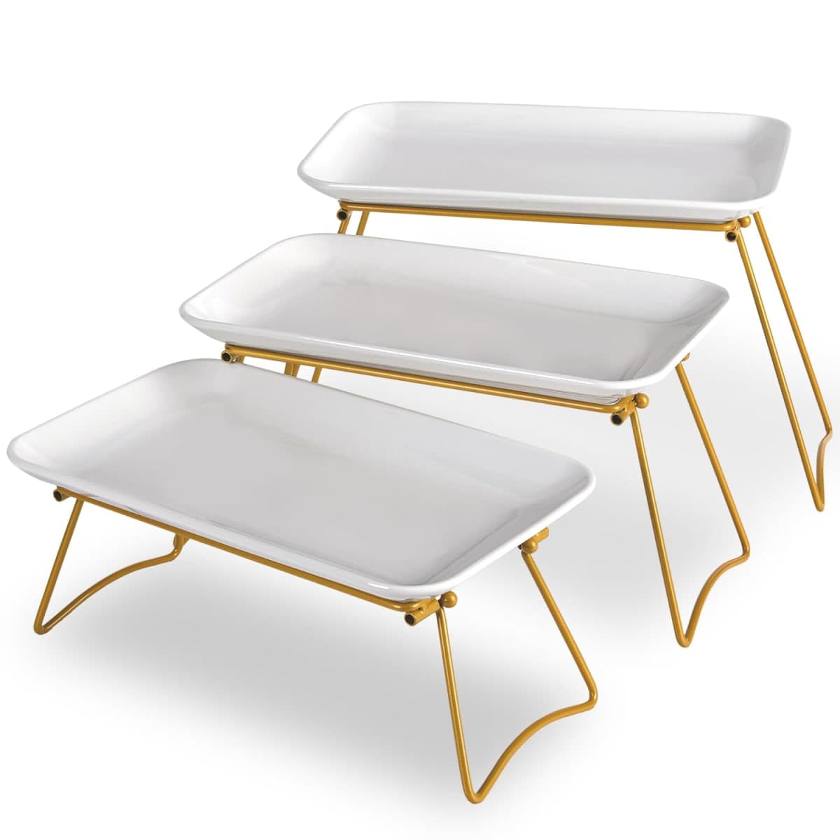 HAPPY KIT 3-Tier Porcelain Serving Tray 12in, Freely Combinable Gold Rack