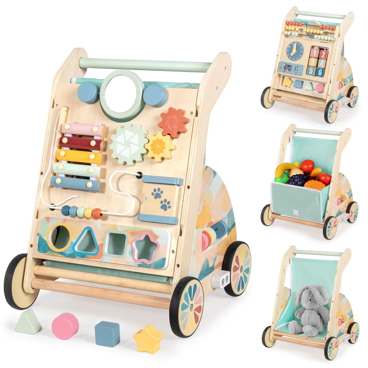 LOL-FUN Wooden Baby Walker with Detachable Busy Board, Push Walker for Baby with Adjustable Speed Wheels, Activity Learning Walker for Boys Girls 12 Months