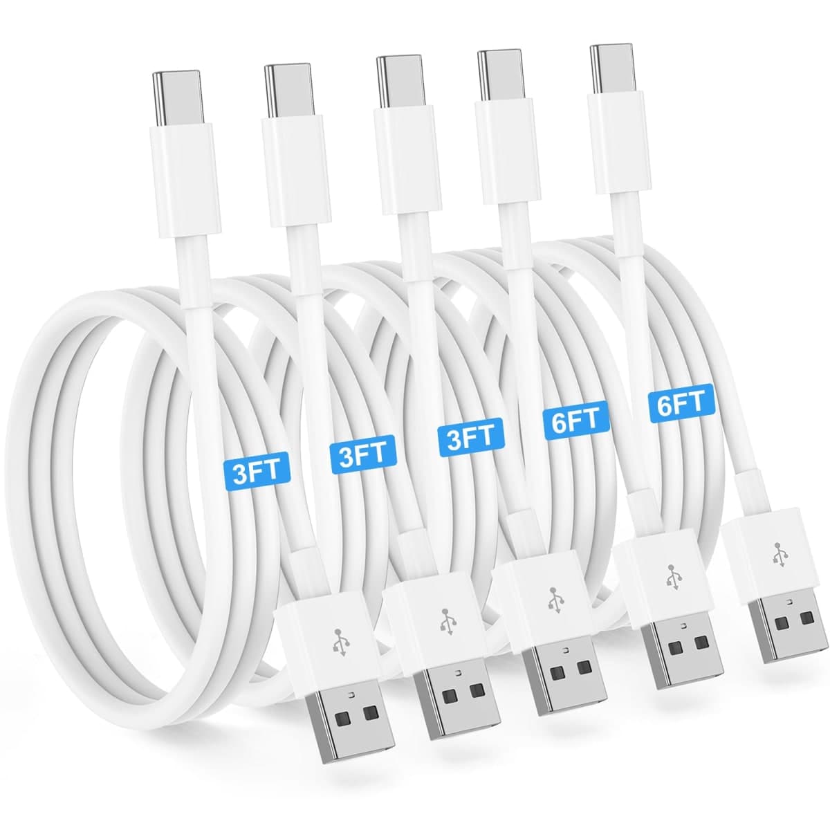Essri 5-Pack Carplay USB A to C Cable for iPhone 16/15 Pro Max,USB C Car Charger Cable 3FT x 3 + 6FT x 2,Fast Charging Cord Compatible with iPad Pro/Air/Mini, for Apple 16/15 Series,for Samsung,White
