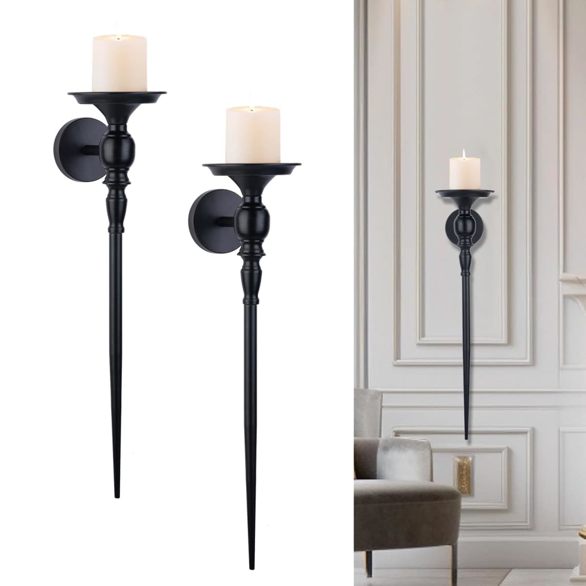 Tim&Lin Wall Sconce Candle Holder Set of 2, Large Black Scepter Design Metal Wall Candle Holder, Home Wall Decoration for Living Room, Bathroom, Dining Room
