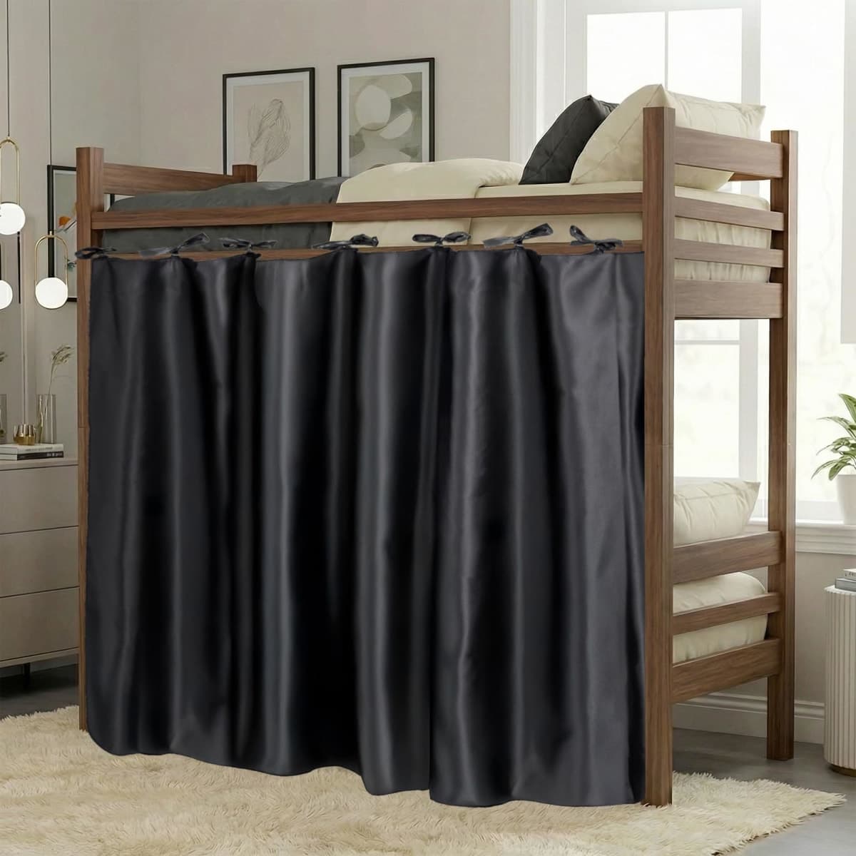 Calm&Cozy Blackout Curtain for Bottom Bunk – Bunk Bed Curtain, Easy Tie-On, No-Drill, Fits Twin Loft & Dorm Beds, 100% Polyester, Canopy Cover, Privacy Curtain, Blackout Panel, Study Nook