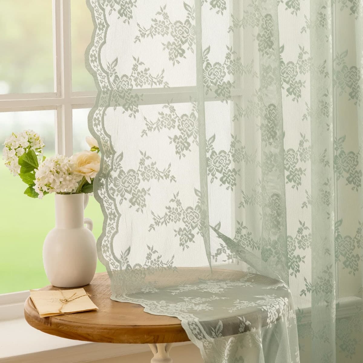 MEETSKY Lace Sheer Curtains 63 Inch Length Sage Green Spring Curtains
