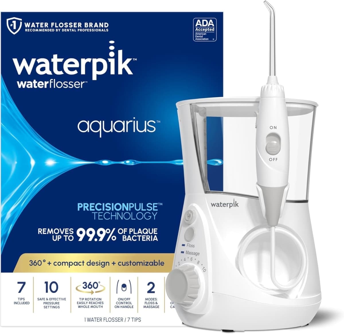 Waterpik Aquarius Water Flosser For Teeth Cleaning, Gums, Braces, Dental Care, Electric Power With 10 Settings, 7 Tips For Multiple Users & Needs, CDA Validated, White WP-660, Packaging May Vary