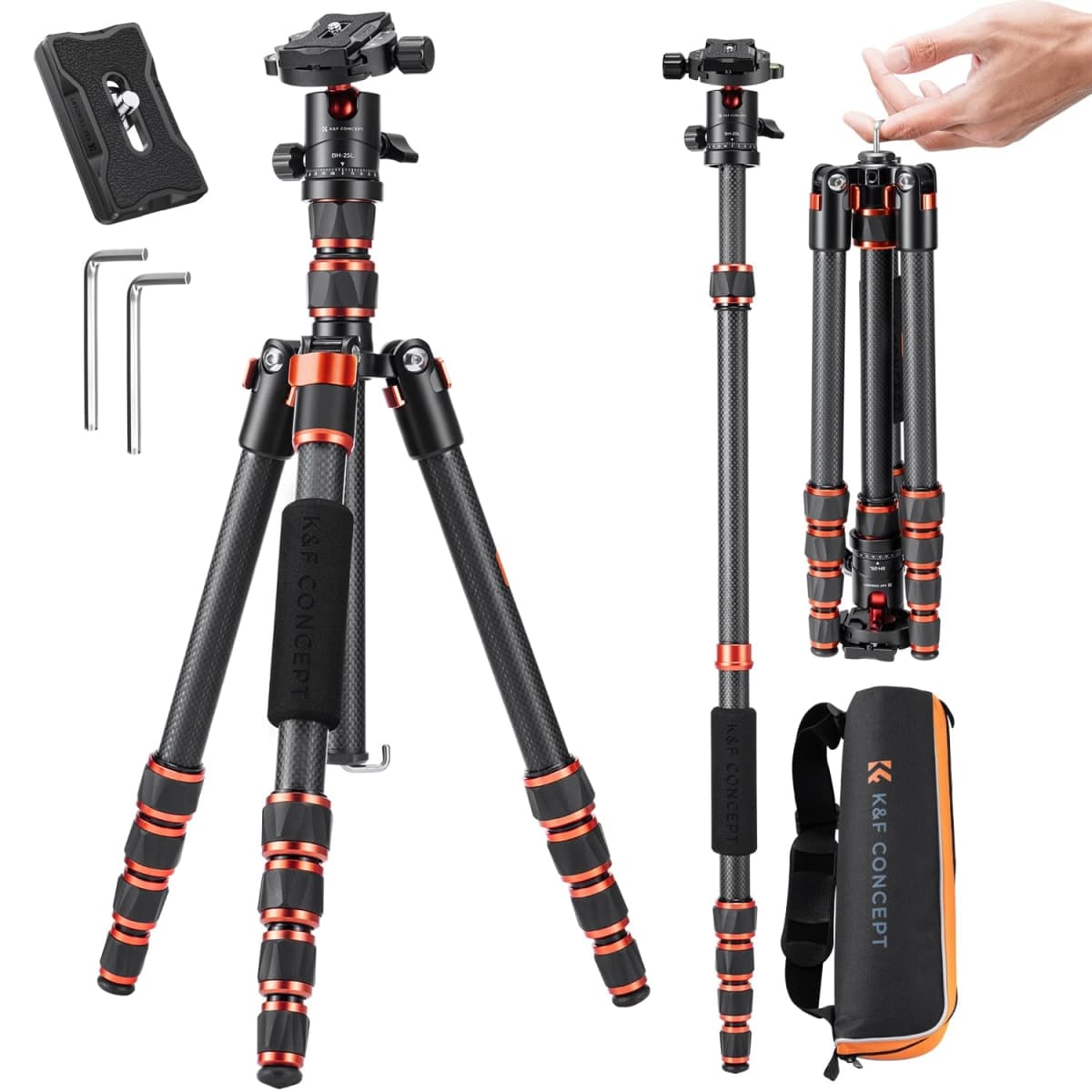 K&F CONCEPT 60" Carbon Fiber Tripod, Compact Camera Tripod, 17.64lbs