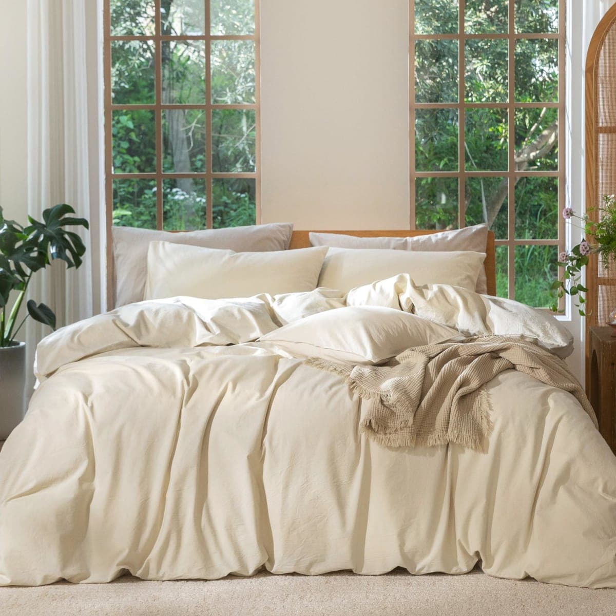 MooMee Duvet Cover Set 100% Washed Cotton Linen Like Queen