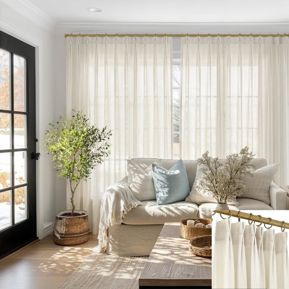 SHINELAND Pinch Pleated Curtains 96 Inches Long 70 Extra Wide 2 Panel Set Pleat Linen Curtains for Living Room,Sheer Light Filtering Cream Two 8FT 8 FT Ceiling to Floor Length Curtain Drapes